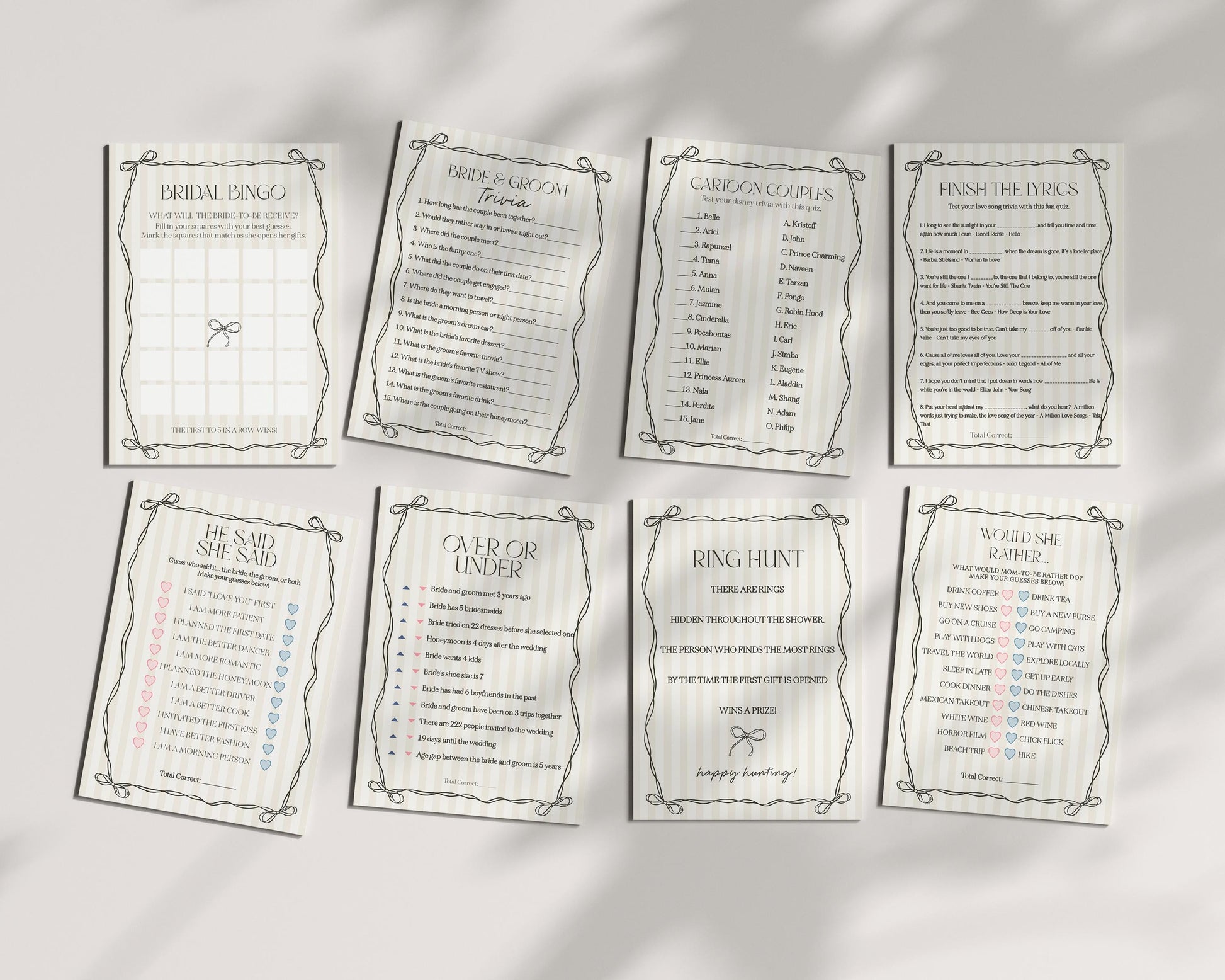 Black Coquette Bow Bridal Shower Games Set Template, Beige Striped Doodle Bow Bridal Brunch with the Bride, Shes Tying the Knot Game WP1062