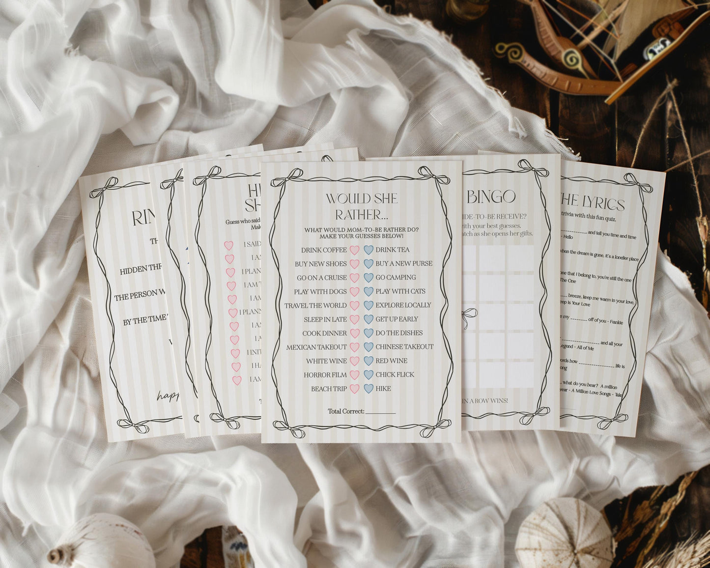 Black Coquette Bow Bridal Shower Games Set Template, Beige Striped Doodle Bow Bridal Brunch with the Bride, Shes Tying the Knot Game WP1062