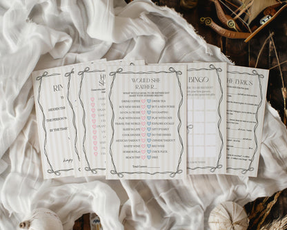 Black Coquette Bow Bridal Shower Games Set Template, Beige Striped Doodle Bow Bridal Brunch with the Bride, Shes Tying the Knot Game WP1062