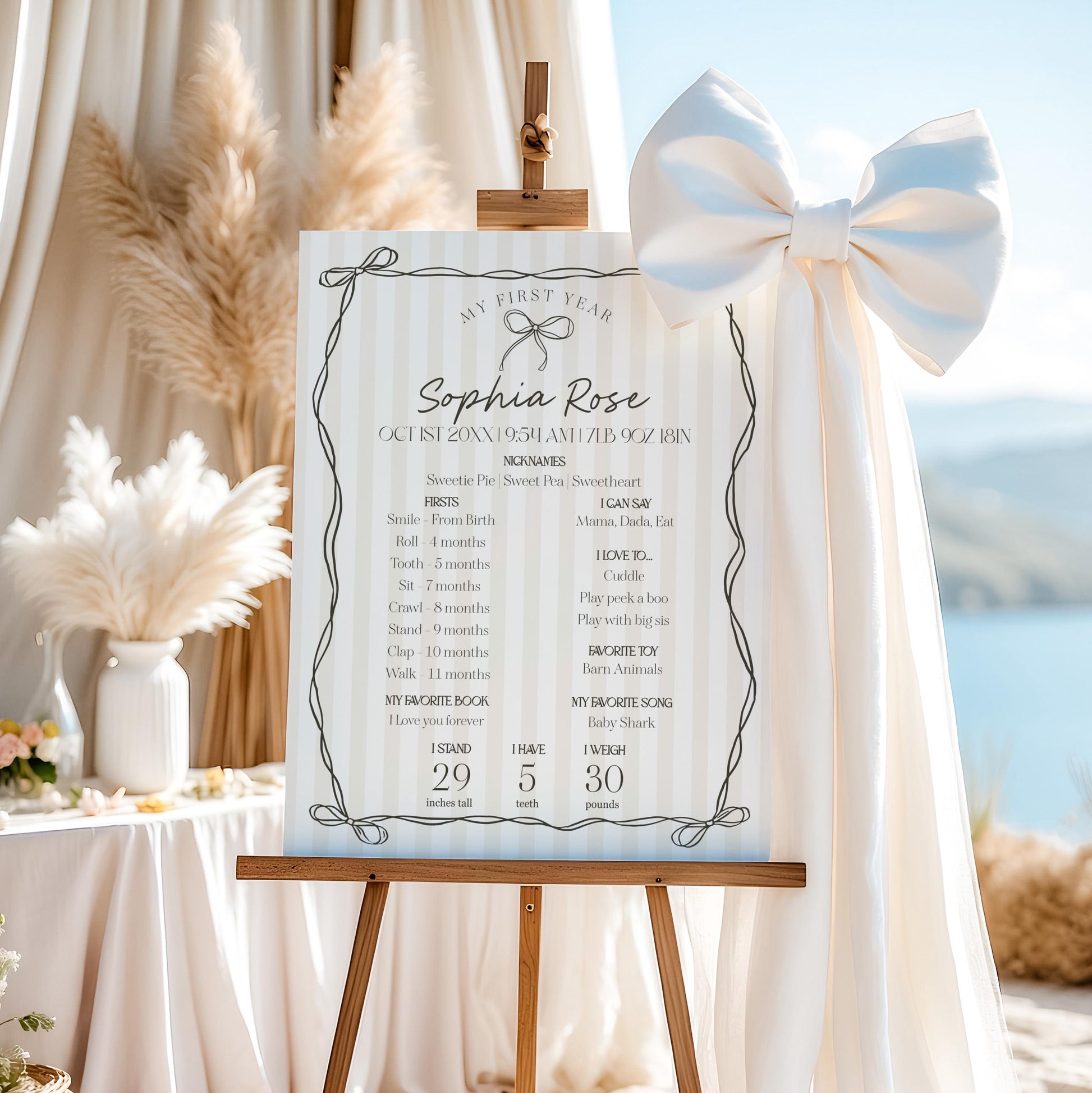 Black Coquette Bow First Year Milestone Sign Template, Beige Striped Doodle Bow First Birthday Party for Girl, Fancy Bow Party Decor WP1062
