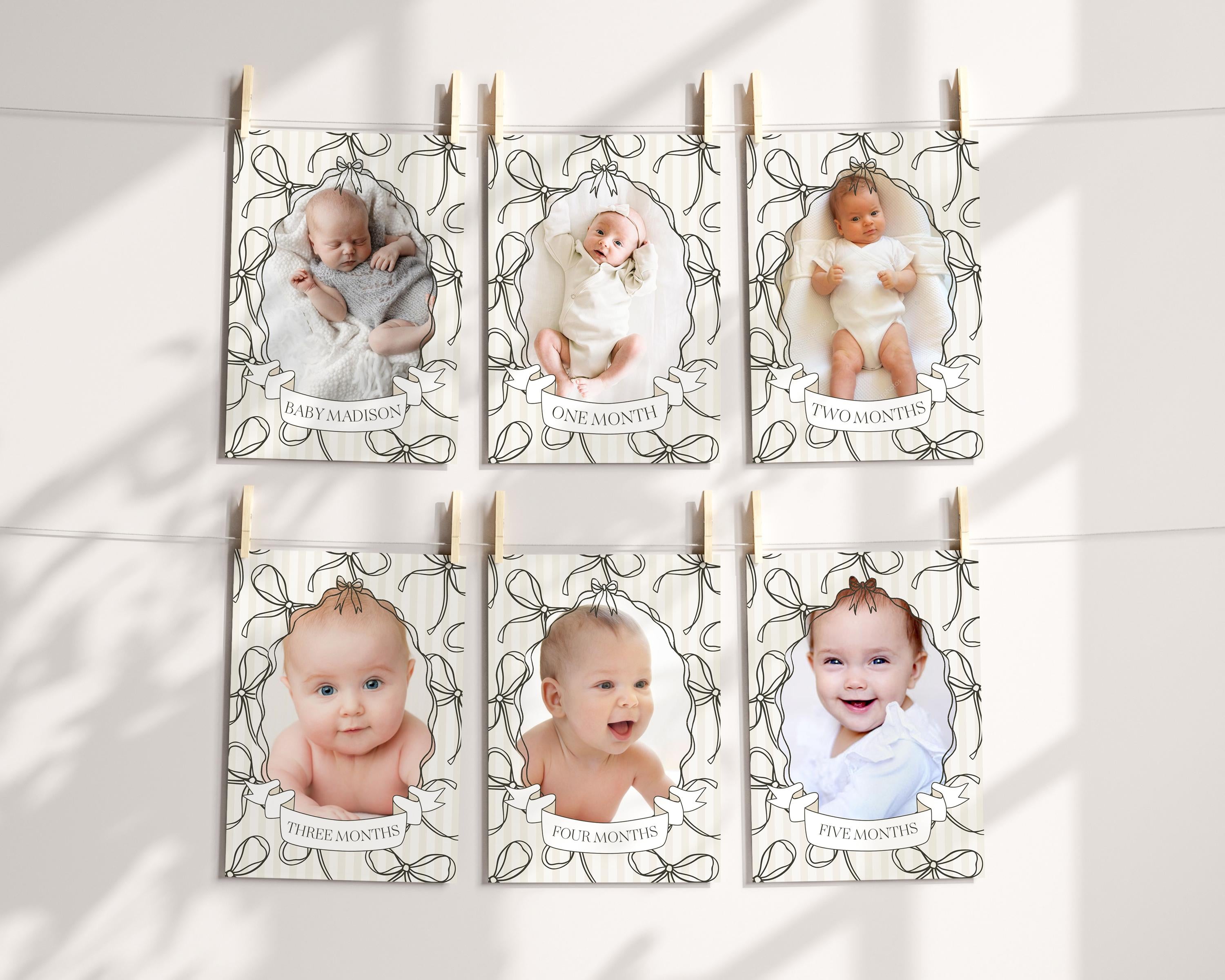 Black Coquette Bow 1st Birthday Milestone Banner Template, Beige Striped Doodle Bow First Birthday Party Girl, Fancy Bow Party Decor WP1062