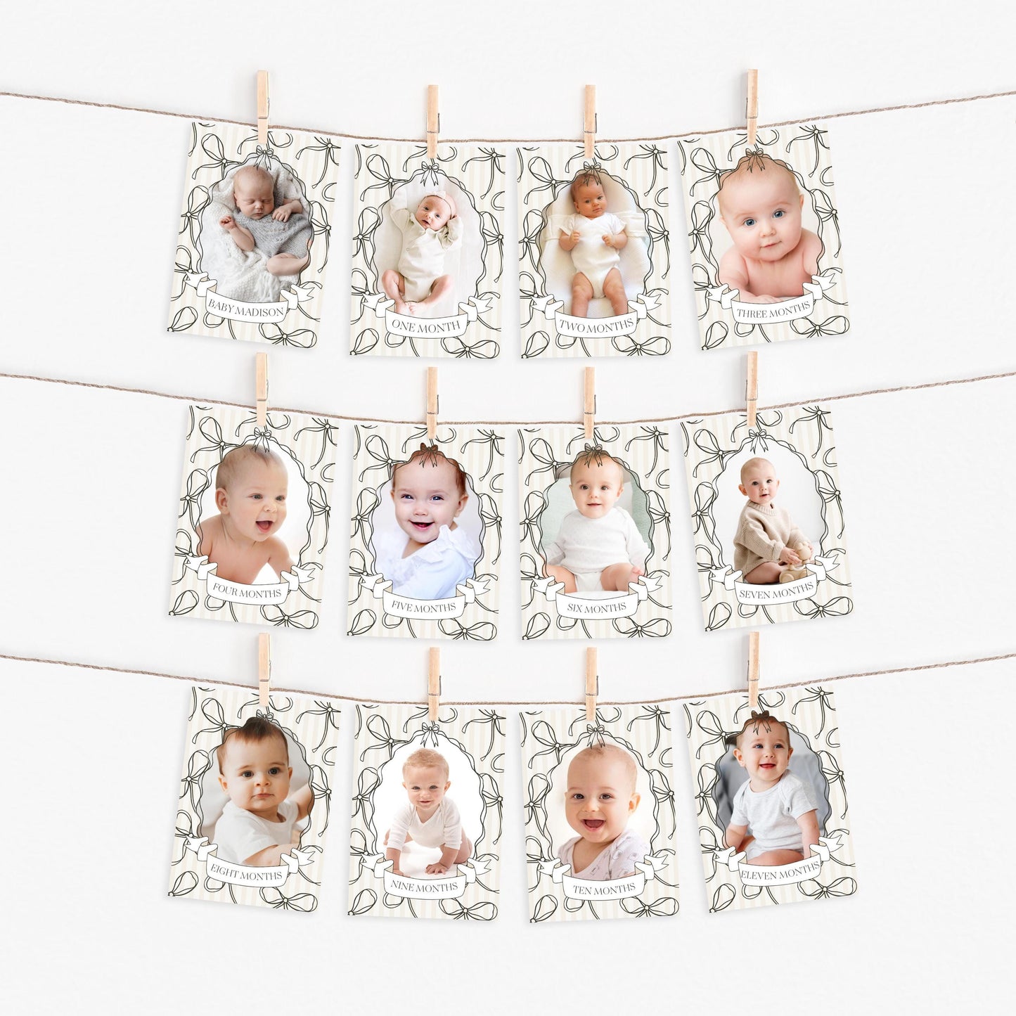 Black Coquette Bow 1st Birthday Milestone Banner Template, Beige Striped Doodle Bow First Birthday Party Girl, Fancy Bow Party Decor WP1062