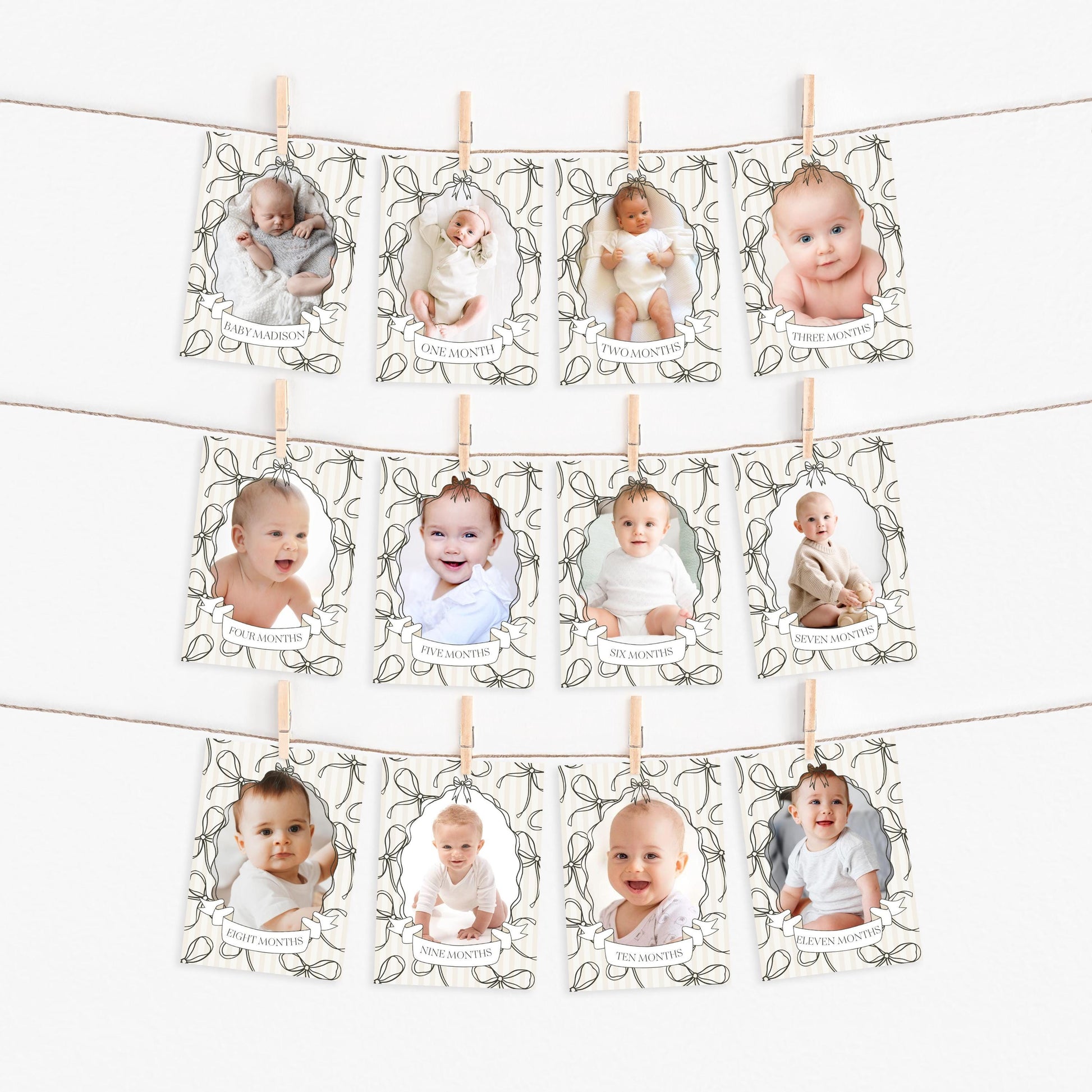 Black Coquette Bow 1st Birthday Milestone Banner Template, Beige Striped Doodle Bow First Birthday Party Girl, Fancy Bow Party Decor WP1062