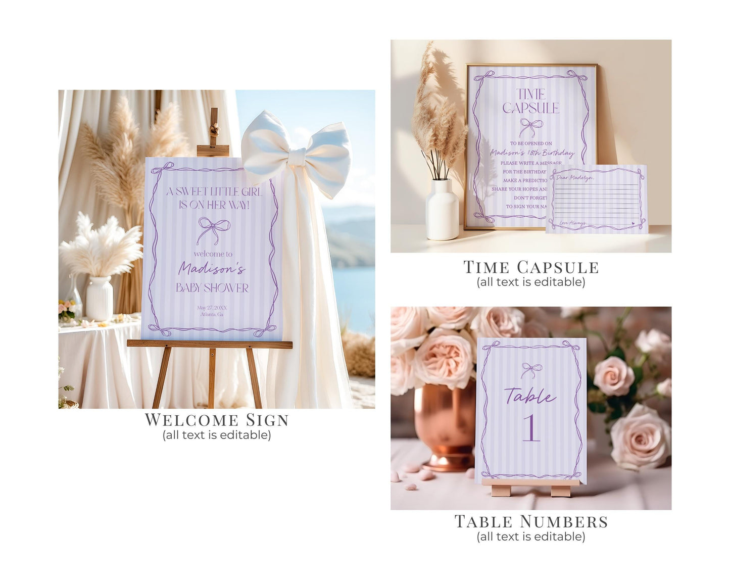 Purple Coquette Bow Baby Shower Bundle Template, Editable Lavender Baby Sprinkle Kit, Printable Hand-Drawn Bow Digital Download WP1063