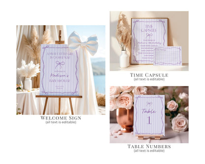 Purple Coquette Bow Baby Shower Bundle Template, Editable Lavender Baby Sprinkle Kit, Printable Hand-Drawn Bow Digital Download WP1063