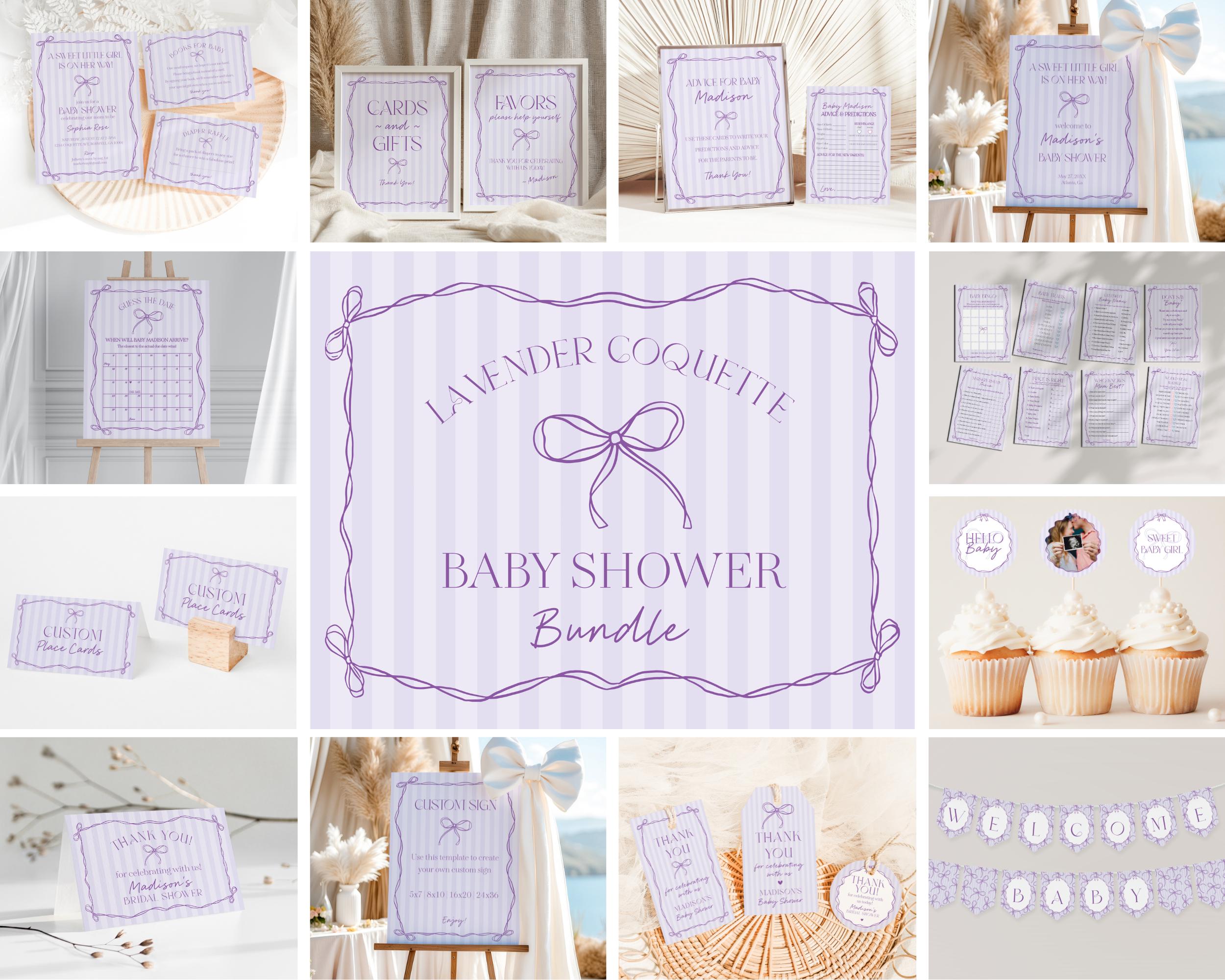 Purple Coquette Bow Baby Shower Bundle Template, Editable Lavender Baby Sprinkle Kit, Printable Hand-Drawn Bow Digital Download WP1063