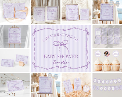 Purple Coquette Bow Baby Shower Bundle Template, Editable Lavender Baby Sprinkle Kit, Printable Hand-Drawn Bow Digital Download WP1063