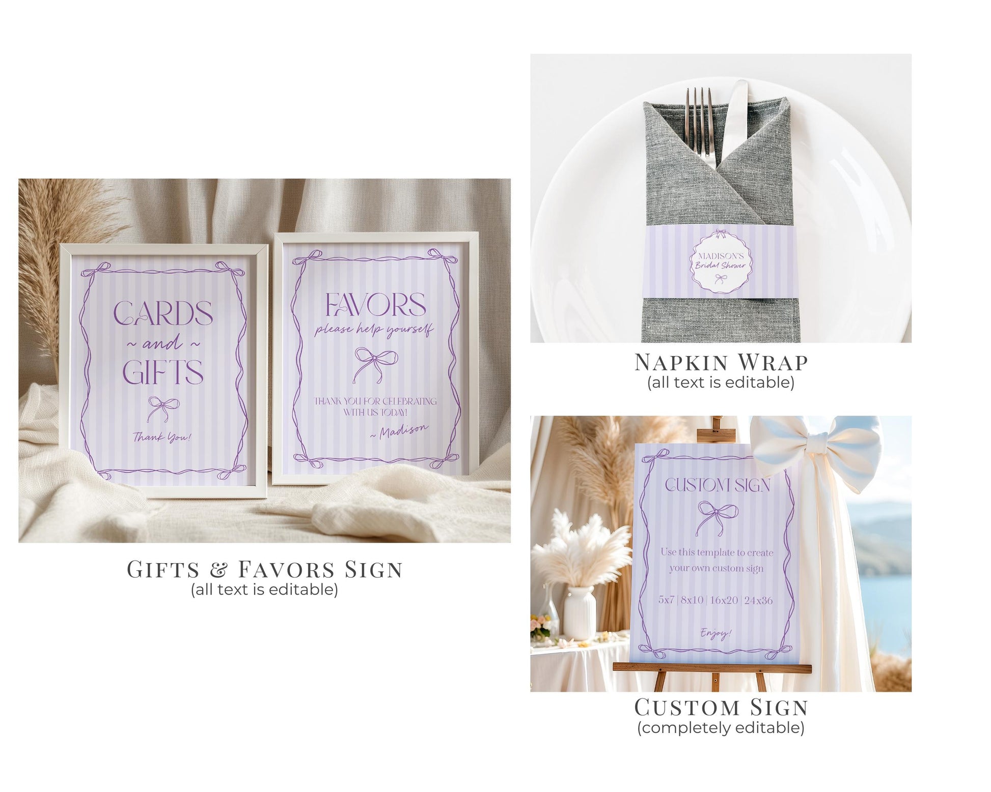 Purple Coquette Bow Baby Shower Bundle Template, Editable Lavender Baby Sprinkle Kit, Printable Hand-Drawn Bow Digital Download WP1063