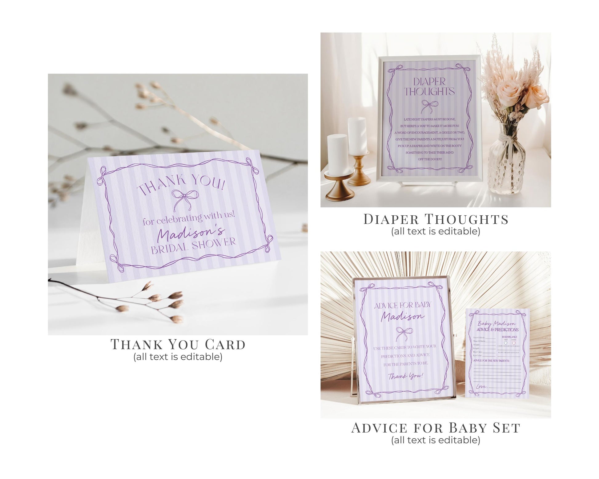 Purple Coquette Bow Baby Shower Bundle Template, Editable Lavender Baby Sprinkle Kit, Printable Hand-Drawn Bow Digital Download WP1063