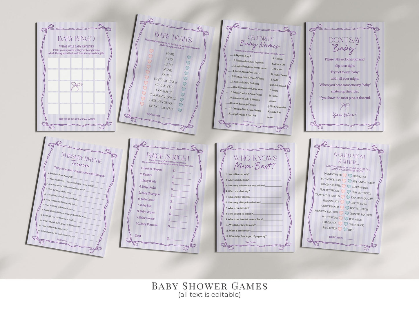 Purple Coquette Bow Baby Shower Bundle Template, Editable Lavender Baby Sprinkle Kit, Printable Hand-Drawn Bow Digital Download WP1063