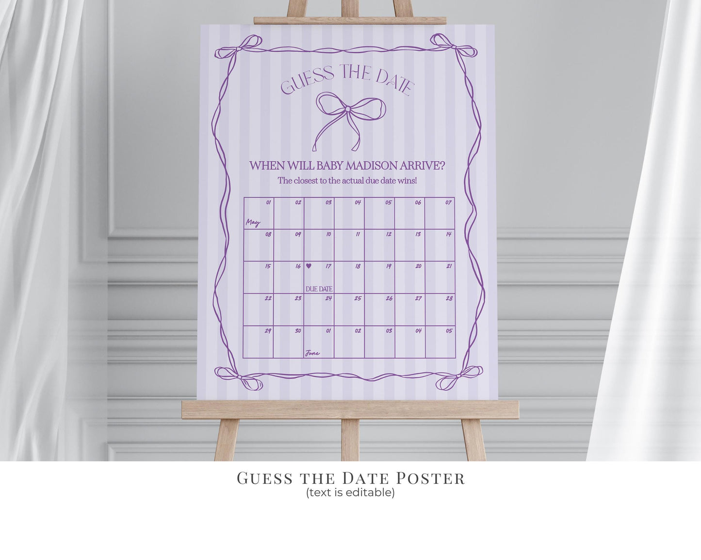 Purple Coquette Bow Baby Shower Bundle Template, Editable Lavender Baby Sprinkle Kit, Printable Hand-Drawn Bow Digital Download WP1063