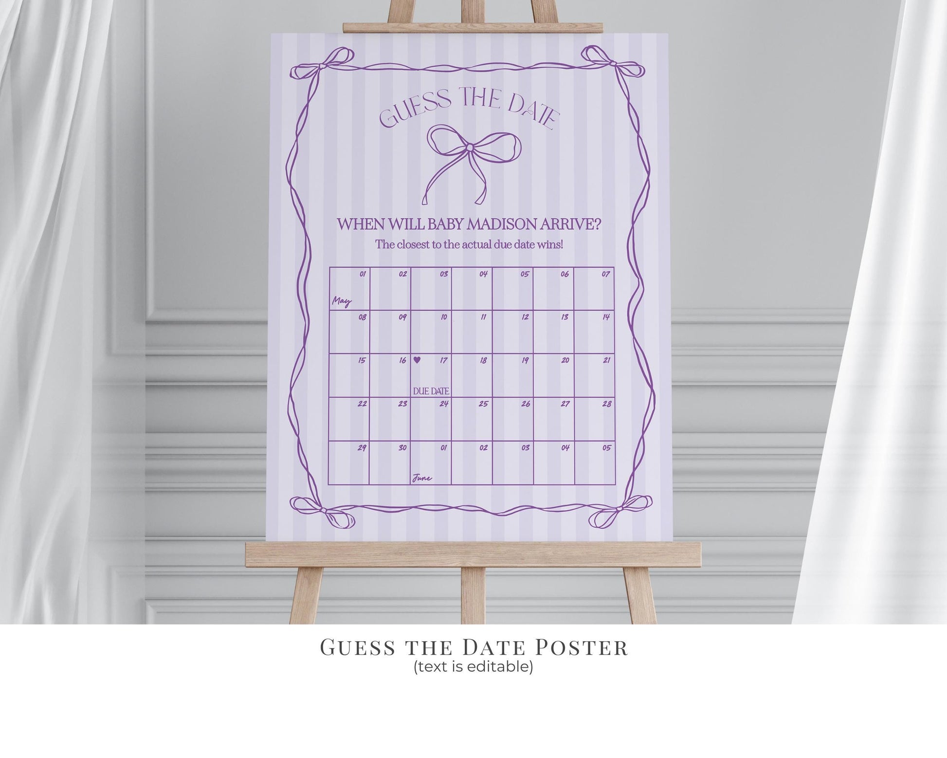 Purple Coquette Bow Baby Shower Bundle Template, Editable Lavender Baby Sprinkle Kit, Printable Hand-Drawn Bow Digital Download WP1063
