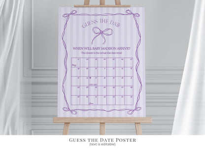 Purple Coquette Bow Baby Shower Bundle Template, Editable Lavender Baby Sprinkle Kit, Printable Hand-Drawn Bow Digital Download WP1063