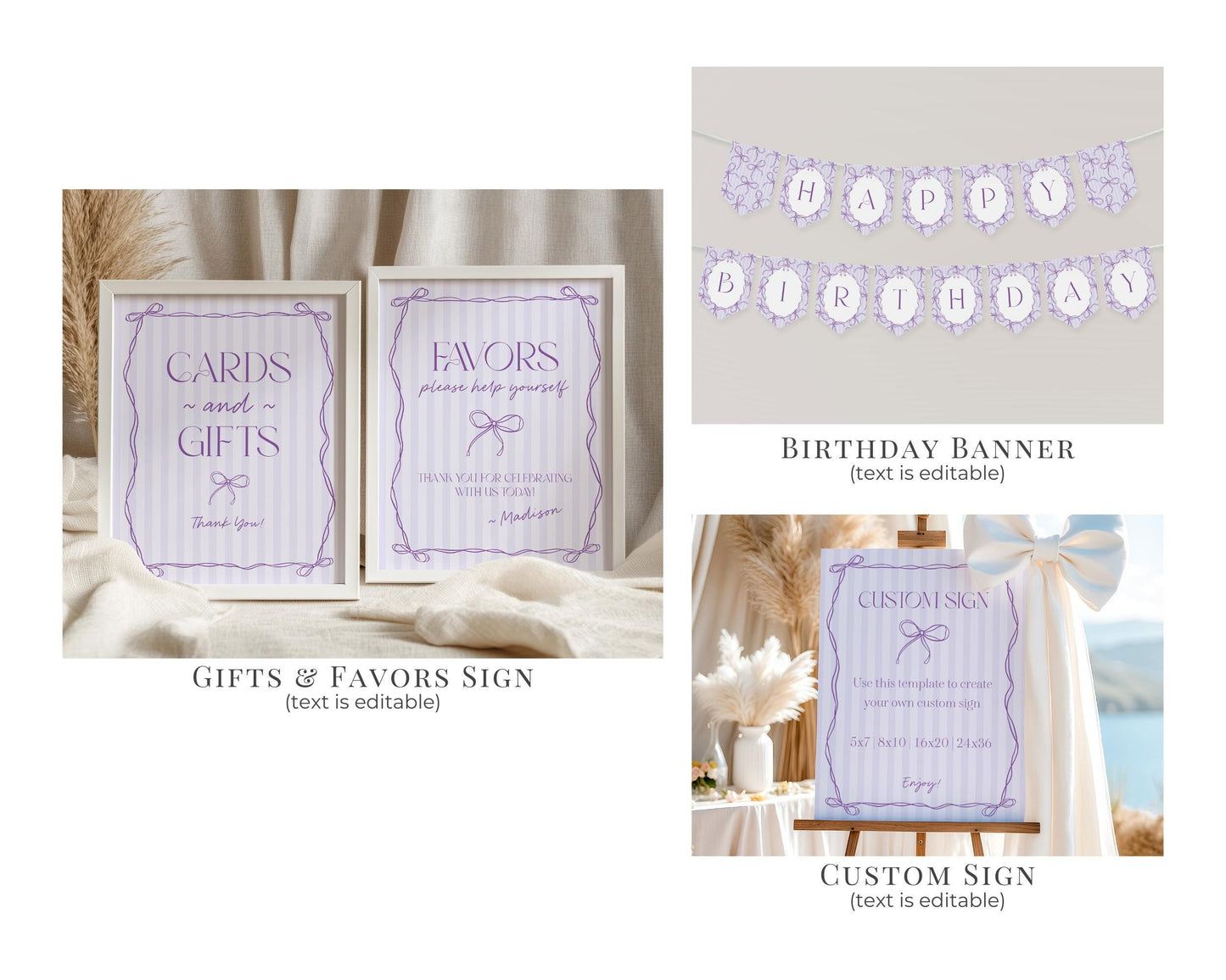 Purple Coquette Bow First Birthday Bundle Template, Editable Lavender Birthday Kit, Fancy Printable Hand-Drawn Bows, Digital Download WP1063