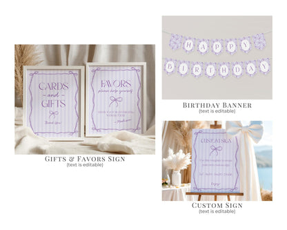 Purple Coquette Bow First Birthday Bundle Template, Editable Lavender Birthday Kit, Fancy Printable Hand-Drawn Bows, Digital Download WP1063