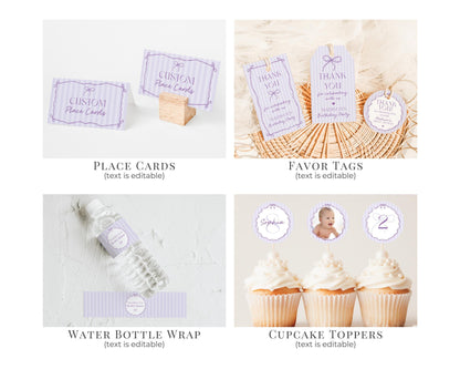 Purple Coquette Bow First Birthday Bundle Template, Editable Lavender Birthday Kit, Fancy Printable Hand-Drawn Bows, Digital Download WP1063
