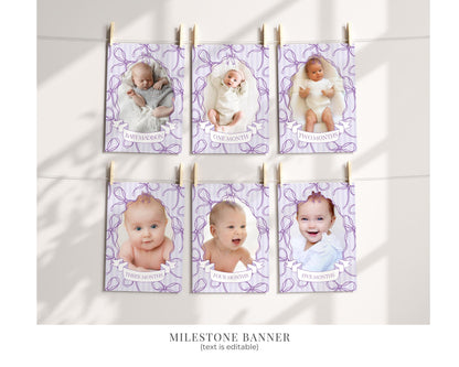 Purple Coquette Bow First Birthday Bundle Template, Editable Lavender Birthday Kit, Fancy Printable Hand-Drawn Bows, Digital Download WP1063