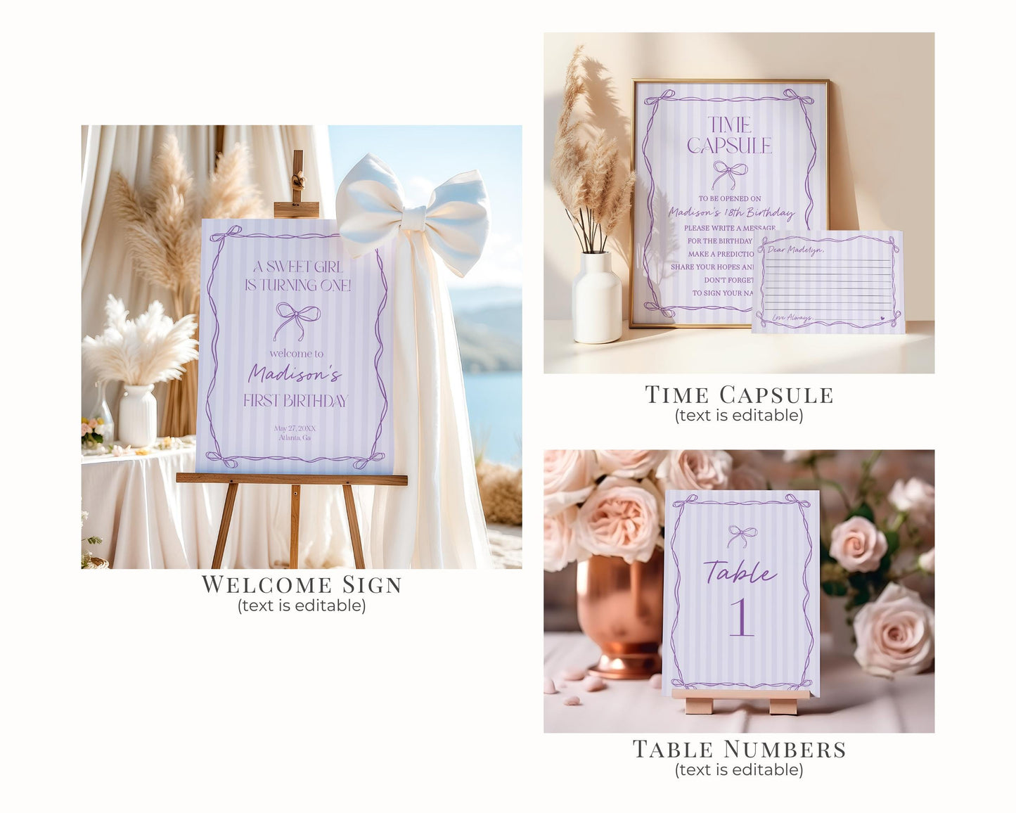 Purple Coquette Bow Birthday Bundle Template, Editable Lavender Birthday Kit, Printable Hand-Drawn Bows Theme, Digital Download WP1063