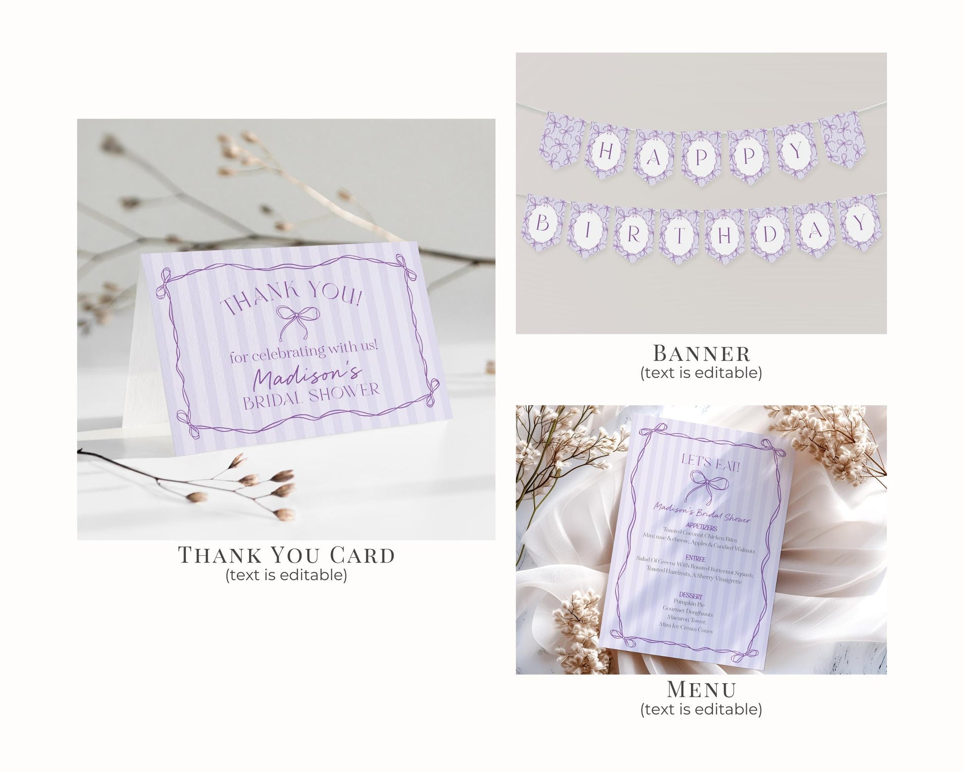 Purple Coquette Bow Birthday Bundle Template, Editable Lavender Birthday Kit, Printable Hand-Drawn Bows Theme, Digital Download WP1063