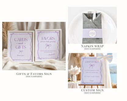 Purple Coquette Bow Birthday Bundle Template, Editable Lavender Birthday Kit, Printable Hand-Drawn Bows Theme, Digital Download WP1063