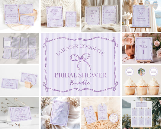 Purple Coquette Bow Bridal Shower Bundle Template, Editable Lavender Bridal Brunch Kit, DIY Printable Tying The Knot Shower WP1063