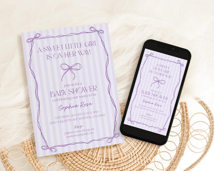 Purple Coquette Bow Baby Shower Invitation Template, Editable Lavender Baby Sprinkle, Printable Hand-Drawn Bows, Digital Download WP1063