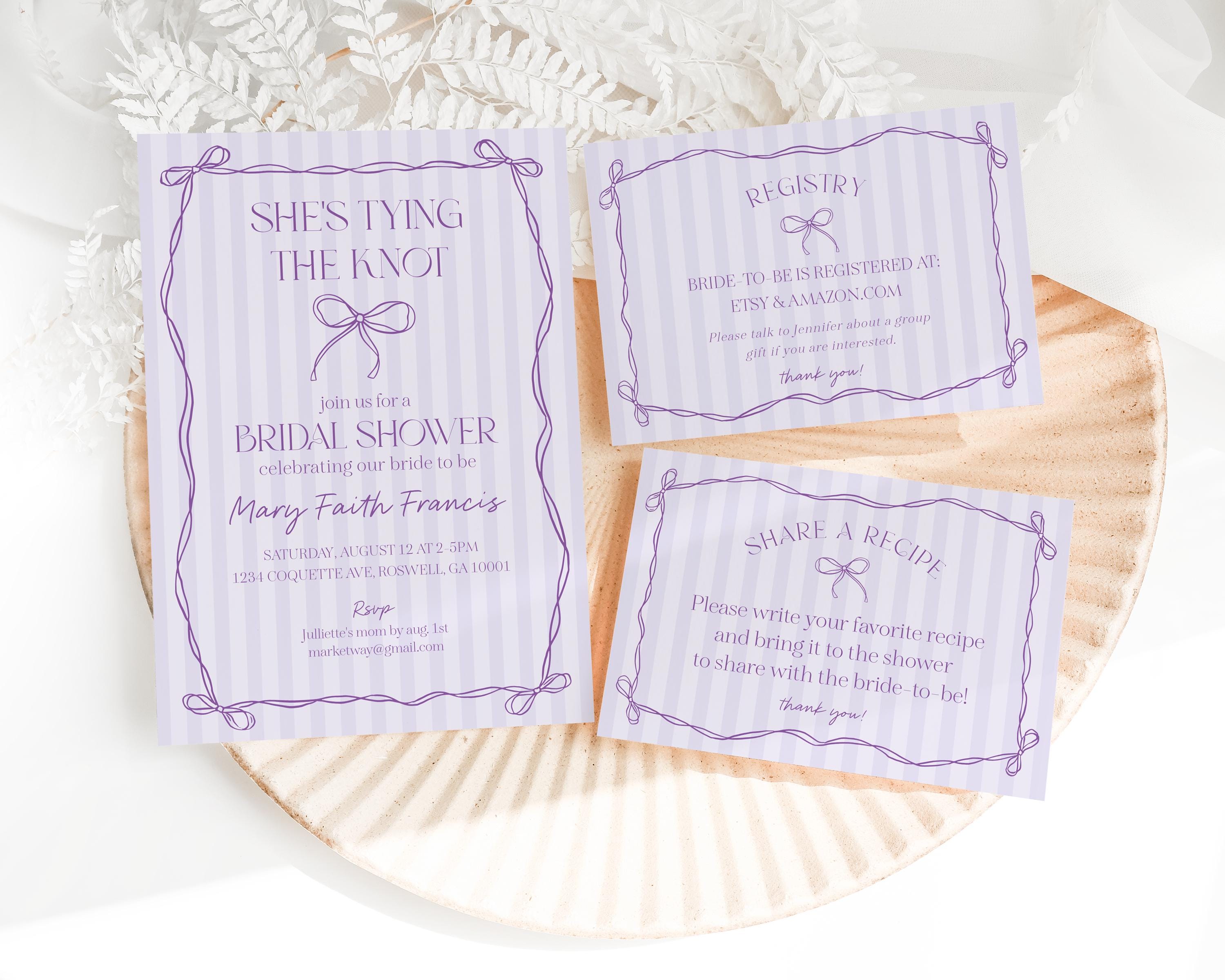 Purple Coquette Bow Bridal Shower Invitation Template, Editable Lavender Bridal Brunch Kit, DIY Printable Tying The Knot Shower WP1063