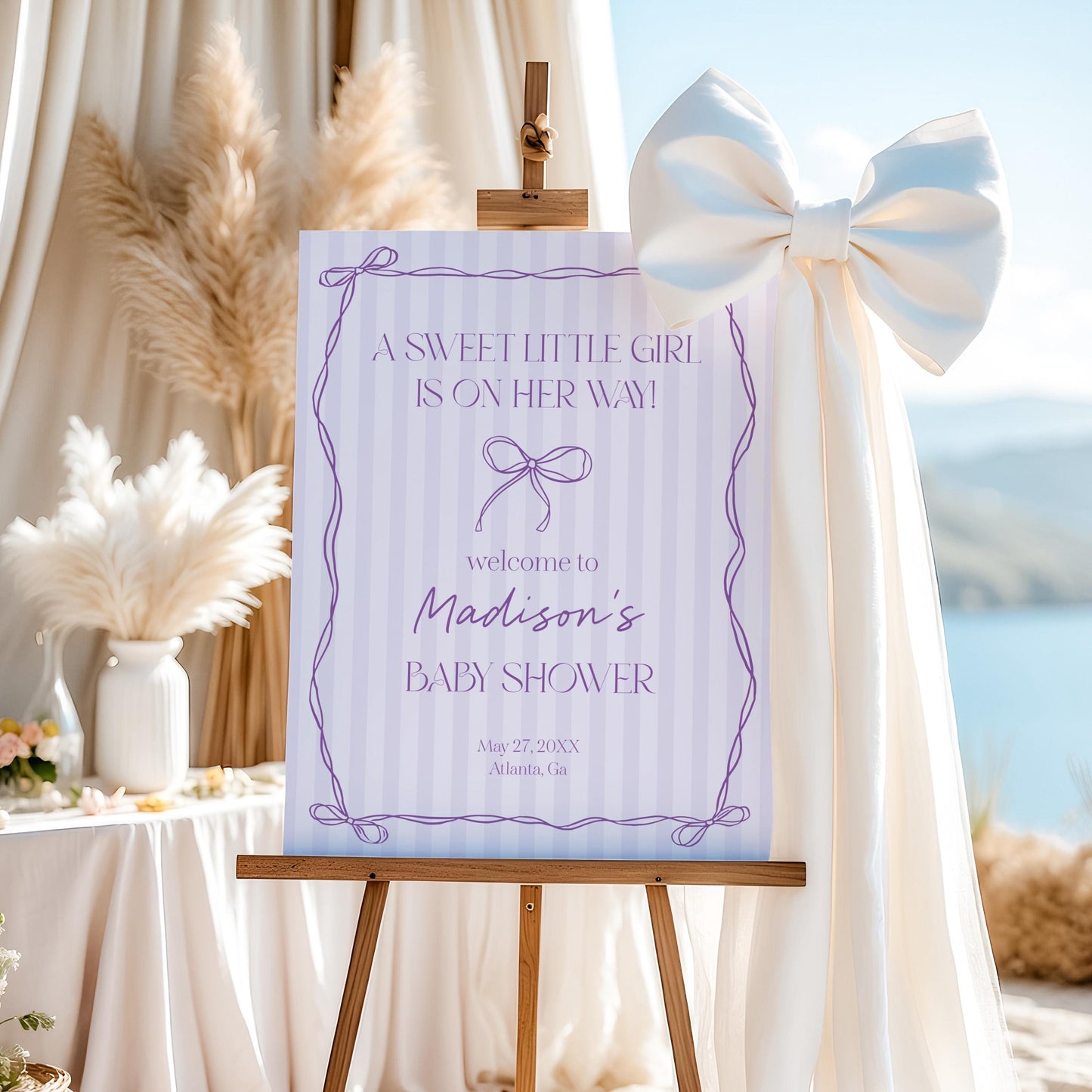 Purple Coquette Bow Baby Shower Welcome Sign Template, Editable Lavender Baby Sprinkle, Printable Hand-Drawn Bows, Digital Download WP1063