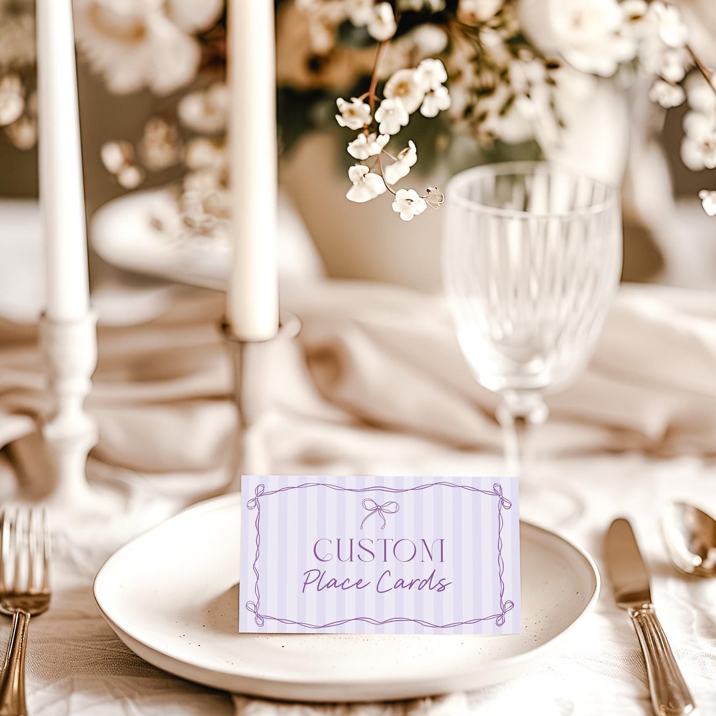 Purple Coquette Bow Place Cards Template, Editable Lavender Baby Shower Printable Tying the Knot Bridal Shower Whimsical Birthday Kit WP1063