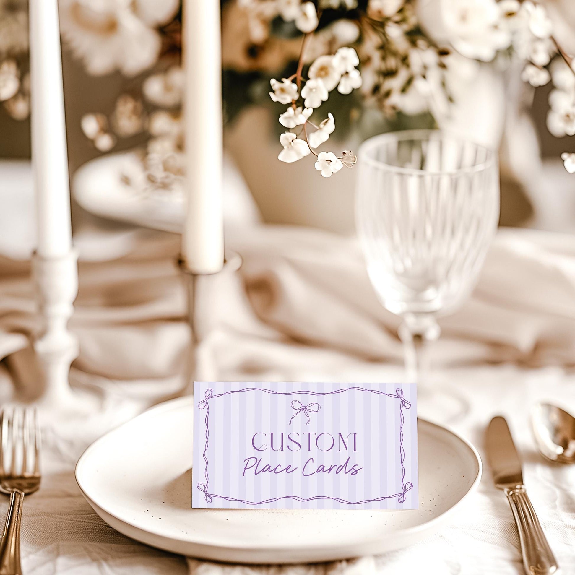 Purple Coquette Bow Place Cards Template, Editable Lavender Baby Shower Printable Tying the Knot Bridal Shower Whimsical Birthday Kit WP1063