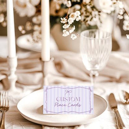 Purple Coquette Bow Place Cards Template, Editable Lavender Baby Shower Printable Tying the Knot Bridal Shower Whimsical Birthday Kit WP1063
