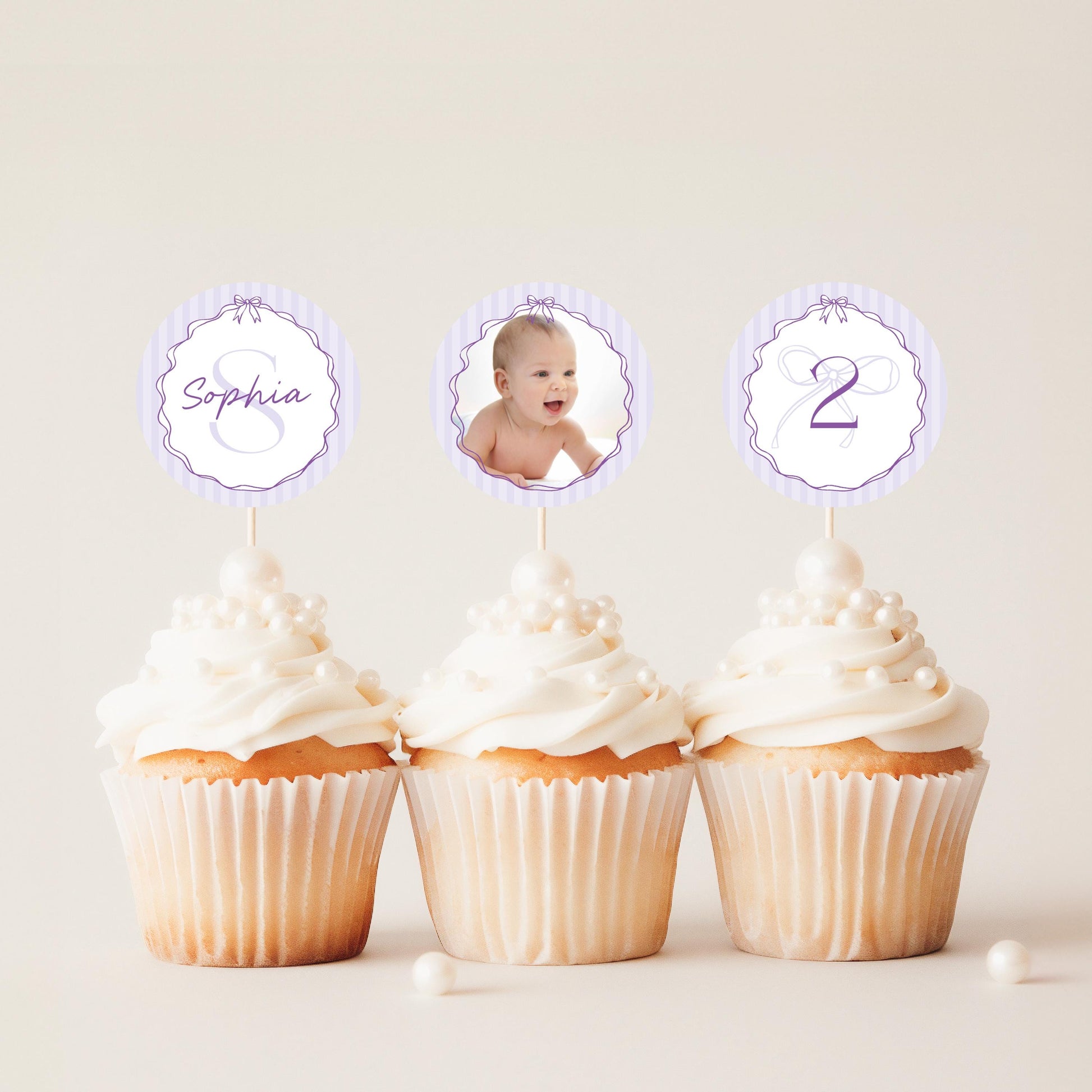 Purple Coquette Bow Birthday Party Cupcake Toppers Template, Editable Lavender Birthday Kit Printable Hand-Drawn Bow Instant Download WP1063