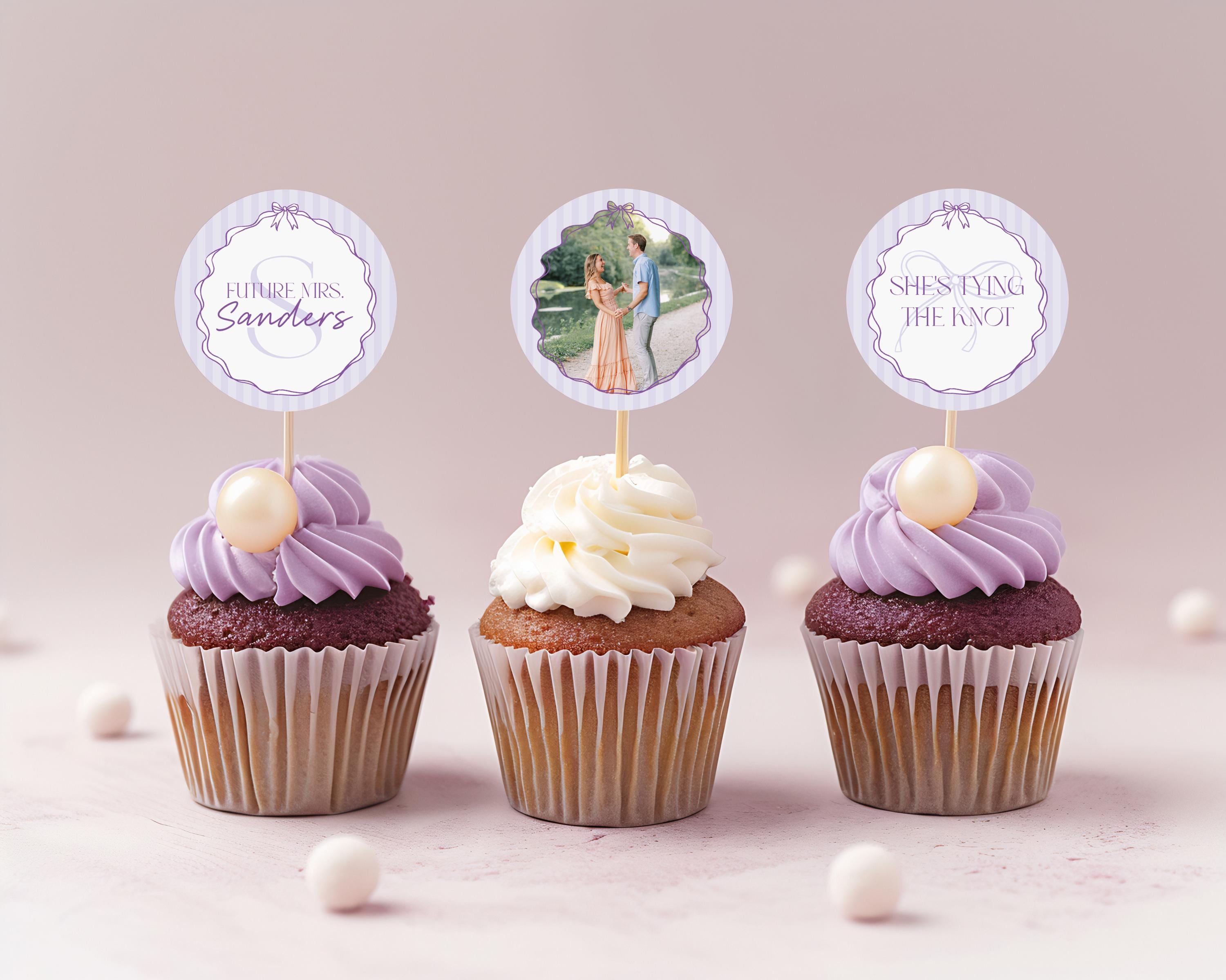 Purple Coquette Bow Bridal Shower Cupcake Toppers Template, Editable Lavender Bridal Brunch Kit, DIY Printable Tying The Knot Shower WP1063