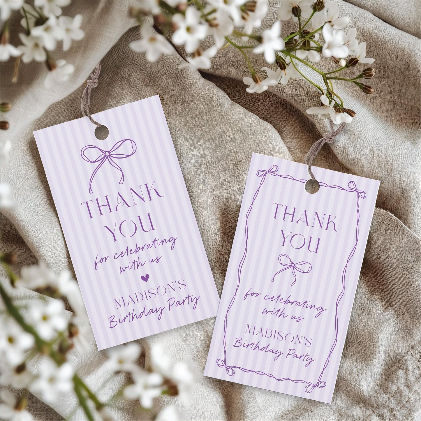 Purple Coquette Bow Birthday Party Favor Tags Template, Editable Lavender Birthday Kit, Printable Hand-Drawn Bows, Digital Download WP1063