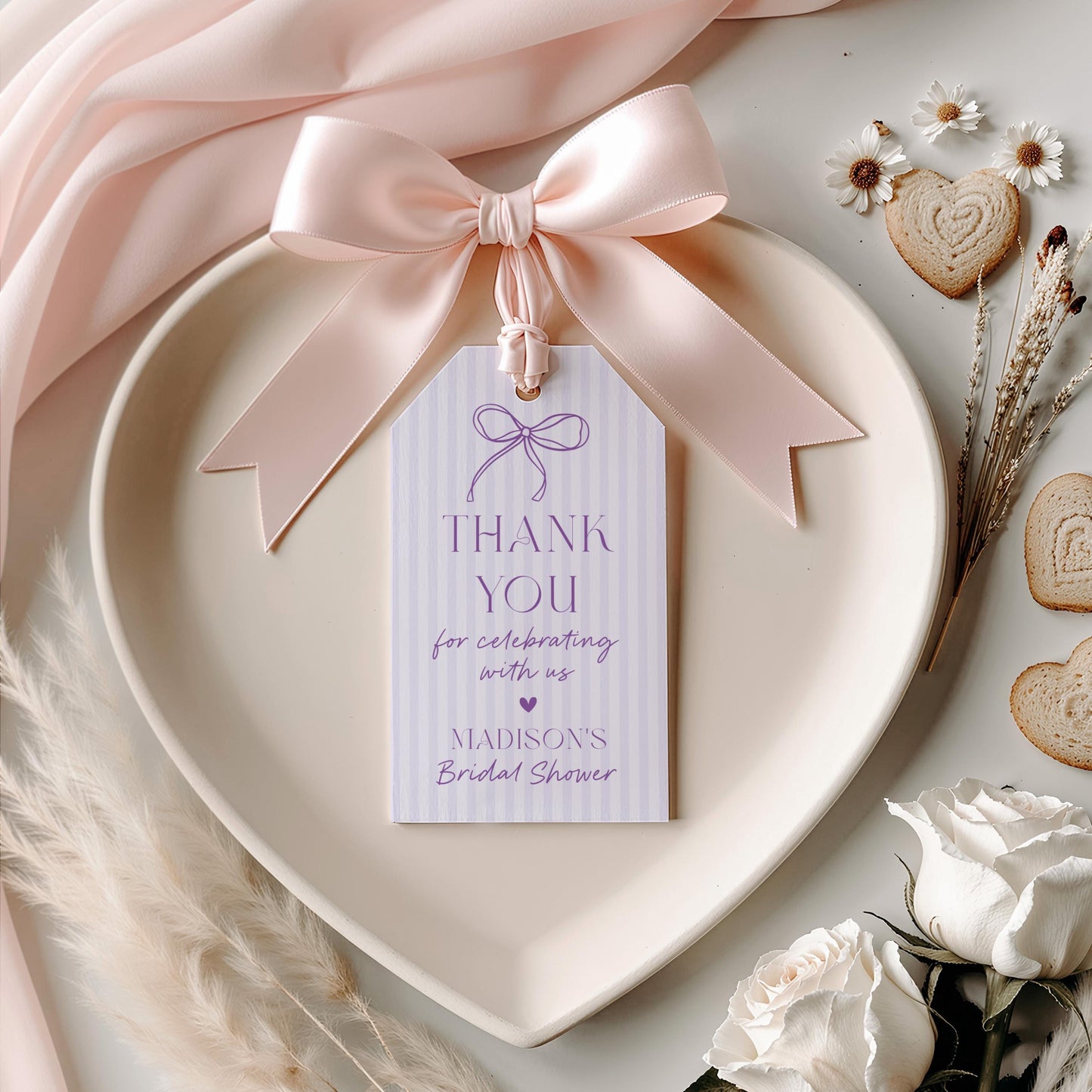 Purple Coquette Bow Bridal Shower Favor Tags Template, Editable Lavender Bridal Brunch Kit, DIY Printable Tying The Knot Shower WP1063