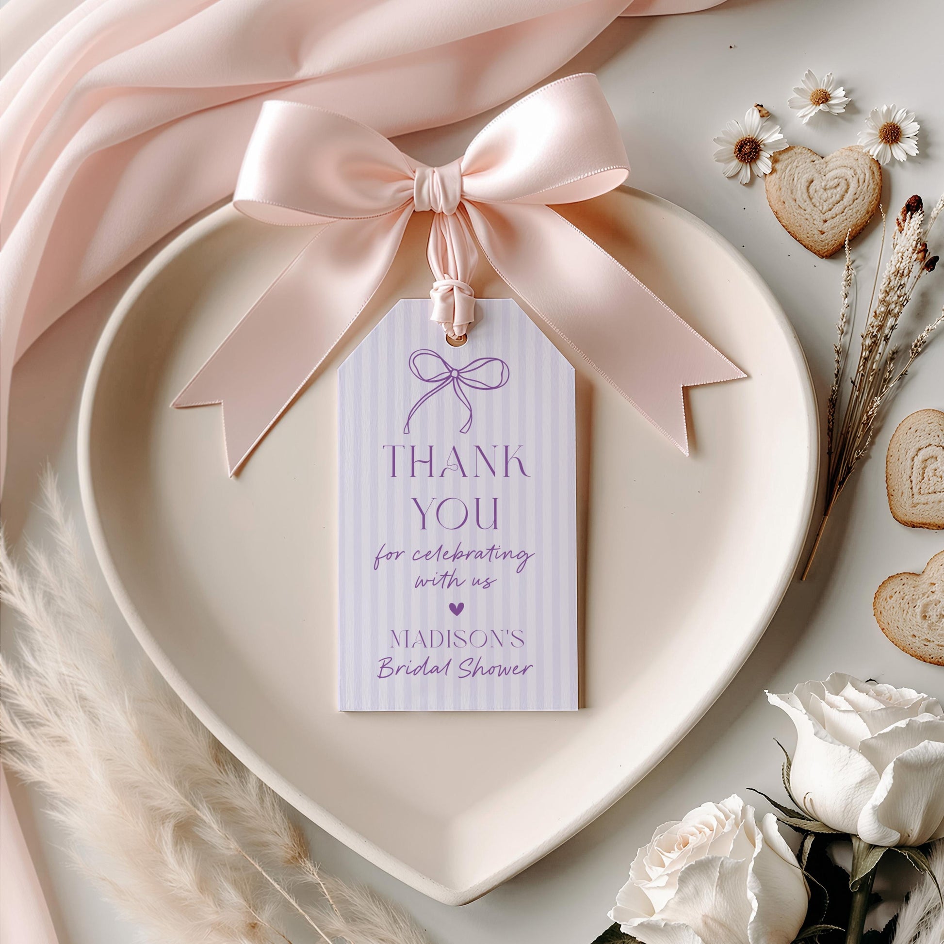 Purple Coquette Bow Bridal Shower Favor Tags Template, Editable Lavender Bridal Brunch Kit, DIY Printable Tying The Knot Shower WP1063