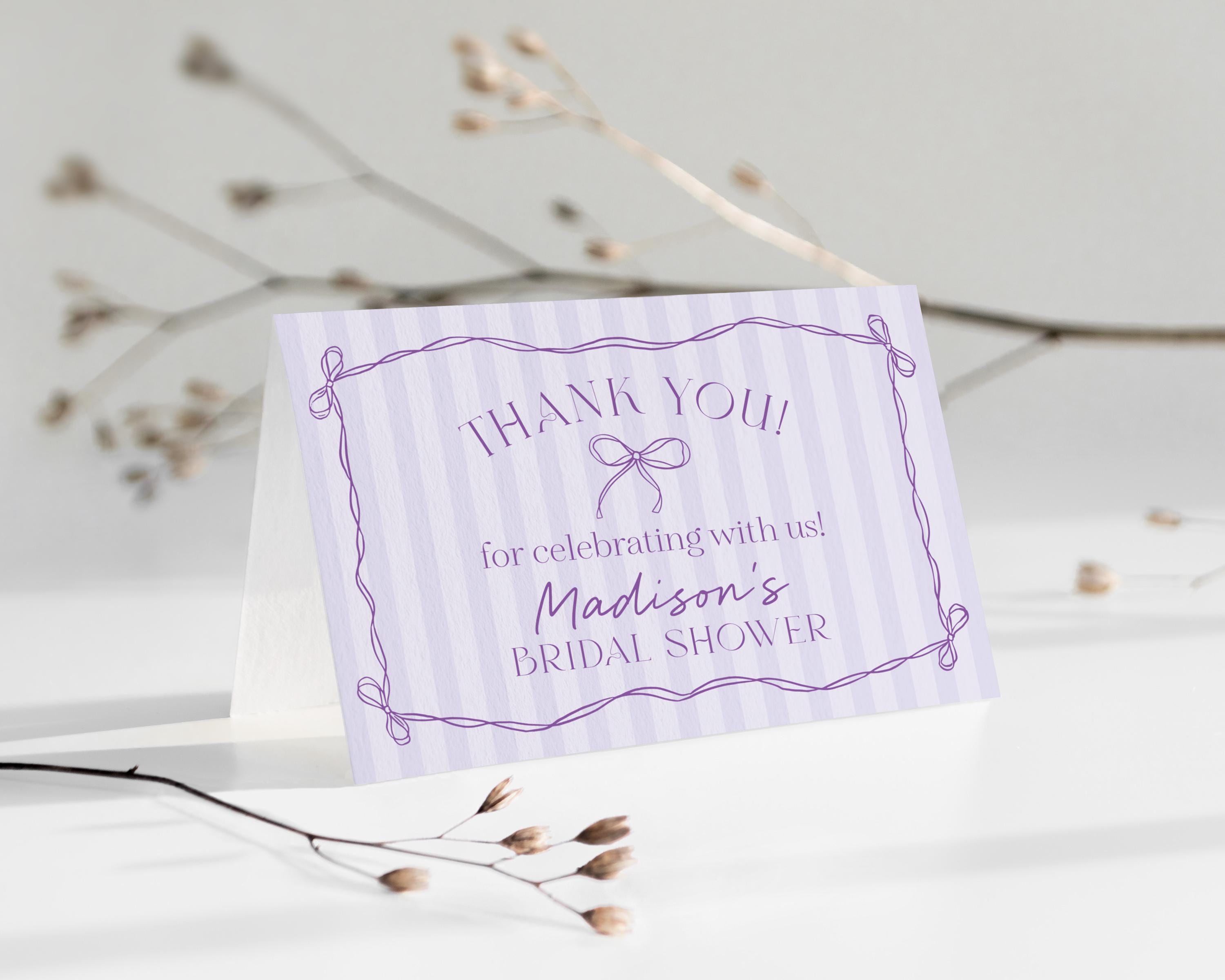 Purple Coquette Bow Thank You Card Template, Editable Lavender Baby Shower, Printable Tying the Knot Bridal Shower, Birthday DIY Kit WP1063