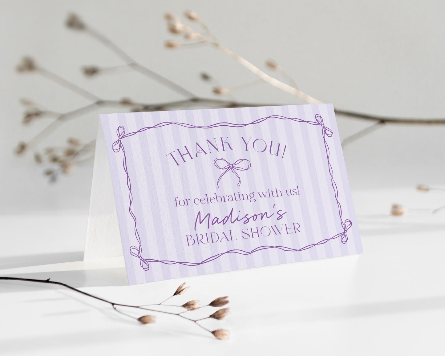 Purple Coquette Bow Thank You Card Template, Editable Lavender Baby Shower, Printable Tying the Knot Bridal Shower, Birthday DIY Kit WP1063