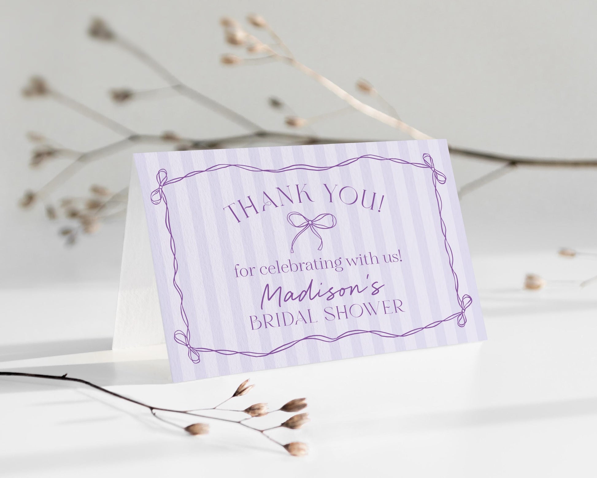Purple Coquette Bow Thank You Card Template, Editable Lavender Baby Shower, Printable Tying the Knot Bridal Shower, Birthday DIY Kit WP1063