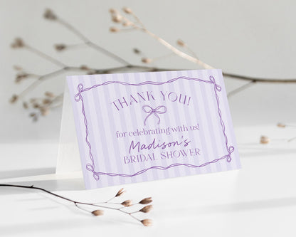 Purple Coquette Bow Thank You Card Template, Editable Lavender Baby Shower, Printable Tying the Knot Bridal Shower, Birthday DIY Kit WP1063