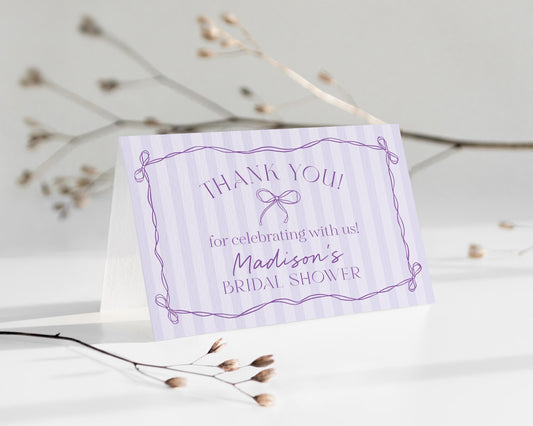 Purple Coquette Bow Thank You Card Template, Editable Lavender Baby Shower, Printable Tying the Knot Bridal Shower, Birthday DIY Kit WP1063