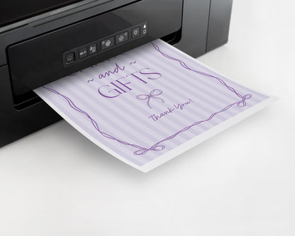 Purple Coquette Bow Cards & Gifts Favors Sign Template, Editable Lavender Baby Shower, Tying the Knot Bridal Shower DIY Birthday Kit WP1063