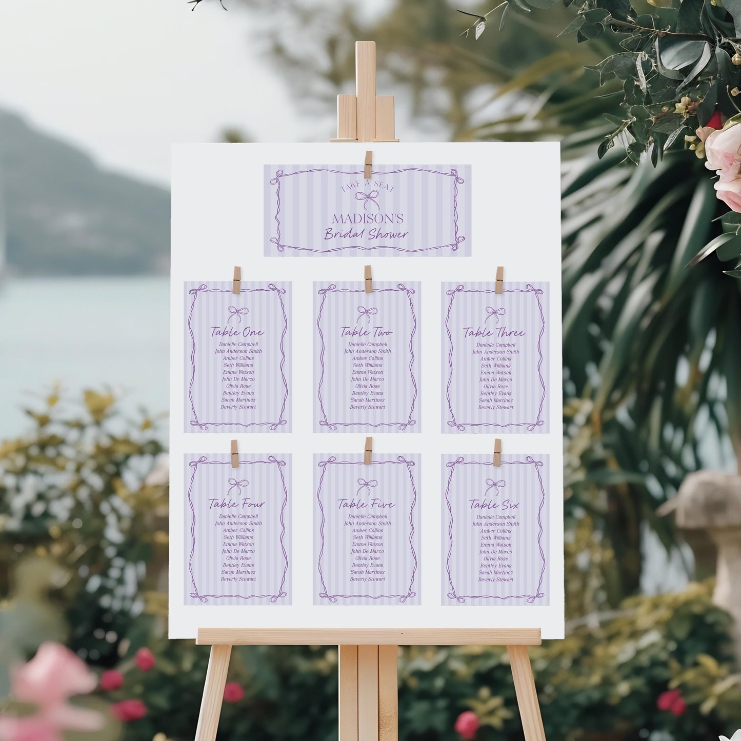 Purple Coquette Bow Seating Chart Template, Editable Lavender Baby Shower, Printable Tying the Knot Bridal Shower, DIY Birthday Kit WP1063