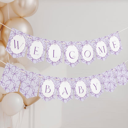 Purple Coquette Bow Baby Shower Banner Template, Editable Lavender Baby Sprinkle, Printable Hand-Drawn Bows, Digital Download WP1063
