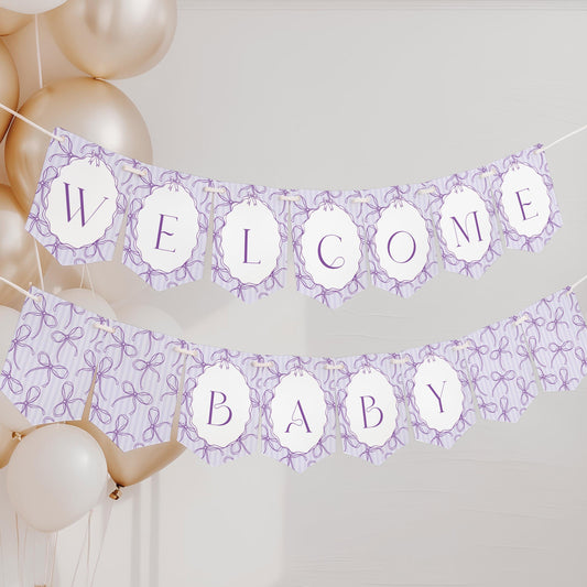 Purple Coquette Bow Baby Shower Banner Template, Editable Lavender Baby Sprinkle, Printable Hand-Drawn Bows, Digital Download WP1063