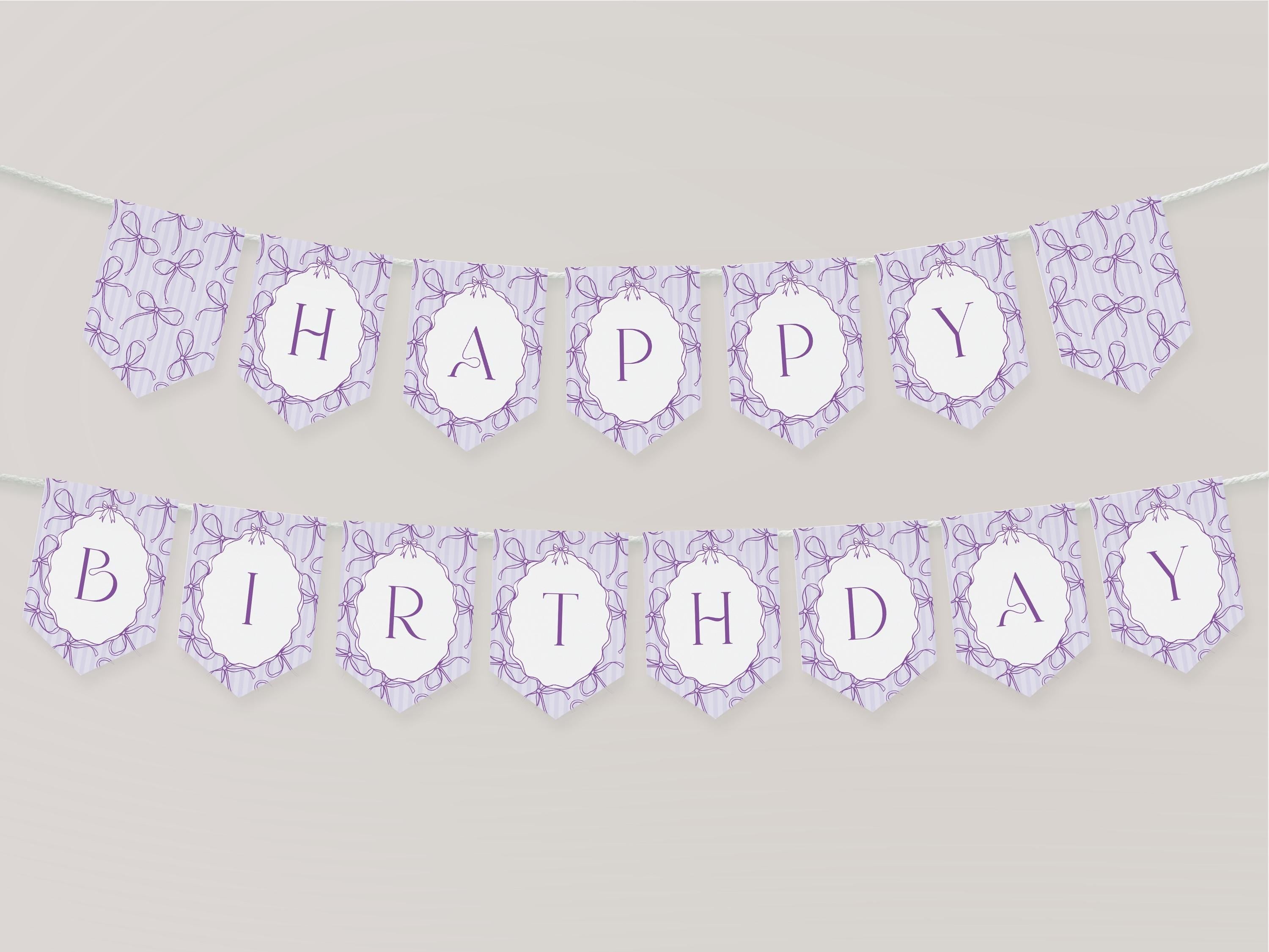 Purple Coquette Bow Birthday Party Banner Template, Editable Lavender Birthday Kit, Printable Hand-Drawn Bows, Digital Download WP1063