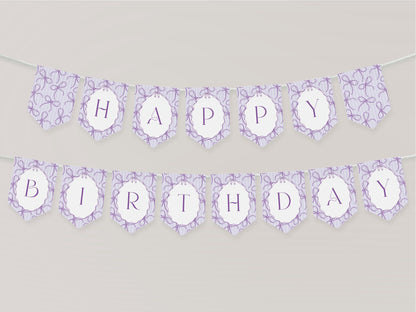 Purple Coquette Bow Birthday Party Banner Template, Editable Lavender Birthday Kit, Printable Hand-Drawn Bows, Digital Download WP1063