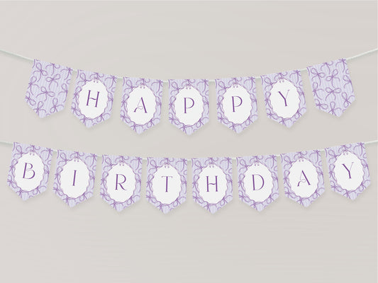 Purple Coquette Bow Birthday Party Banner Template, Editable Lavender Birthday Kit, Printable Hand-Drawn Bows, Digital Download WP1063