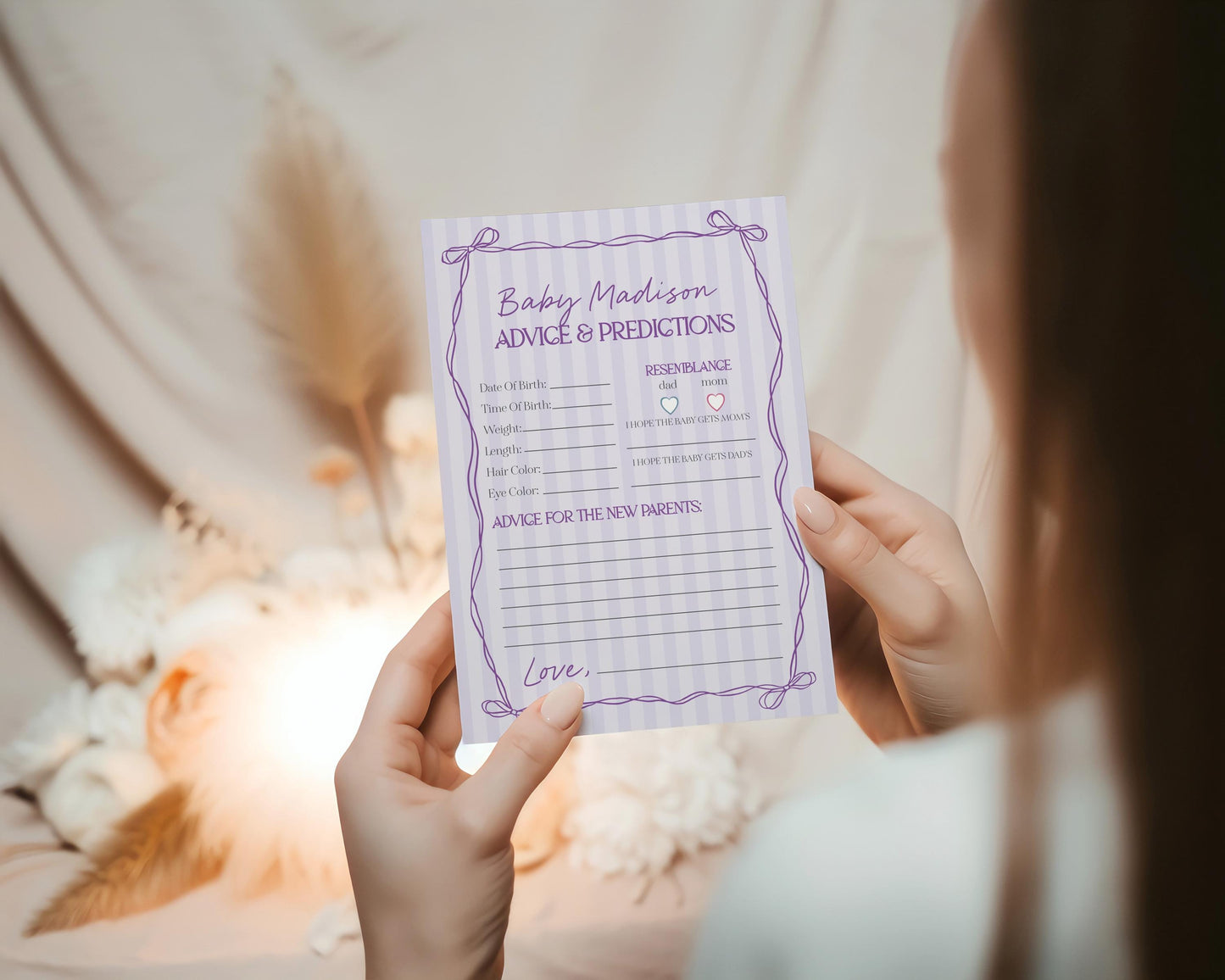 Purple Coquette Bow Advice for Baby Cards Template, Editable Lavender Baby Sprinkle, Printable Hand-Drawn Bows, Digital Download WP1063