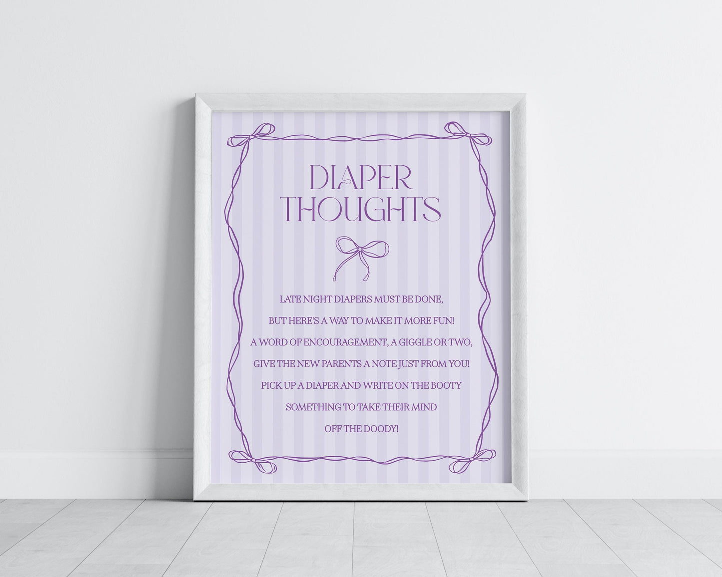 Purple Coquette Bow Baby Shower Diaper Thoughts Sign Template, Editable Lavender Baby Sprinkle, Printable Hand-Drawn Bow Download WP1063